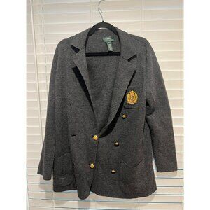 Ralph Lauren Black Merino Wool Double Breasted Crest Crown Logo Button Blazer -